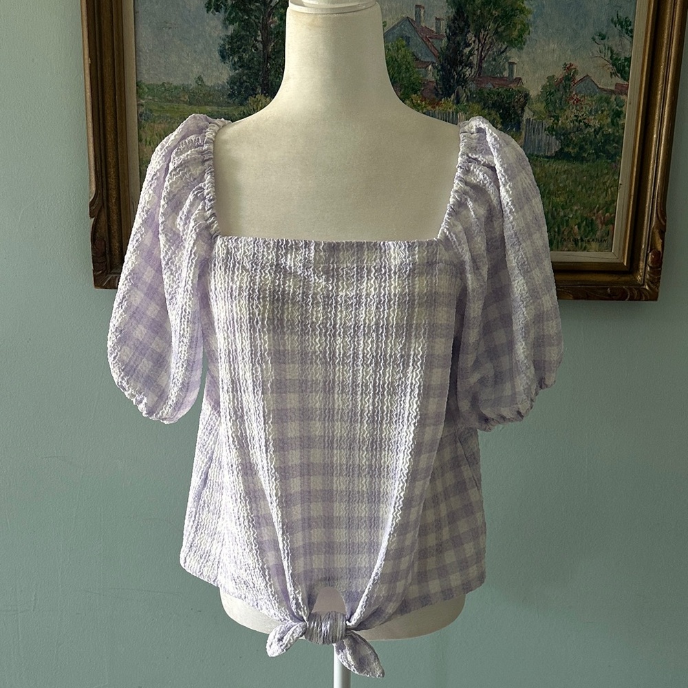 LOFT Lilac Checkered Puff Sleeve Blouse
